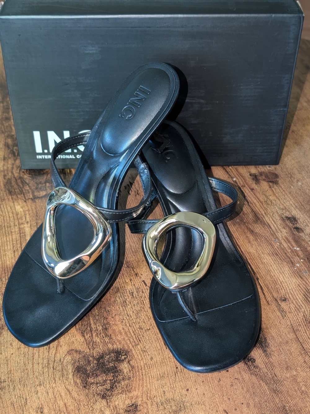 INC International Concepts Black Leather Thong Sandals with Gold Accent